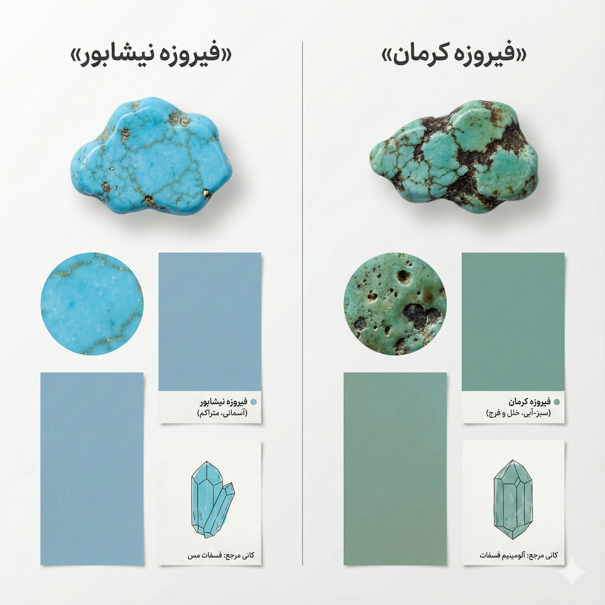 تفاوت فیروزه کرمان و نیشابور | بیش از 10 تفاوت مهم 2 تفاوت ظاهری فیروزه نیشابور و کرمان از لحاظ رنگ و بافت