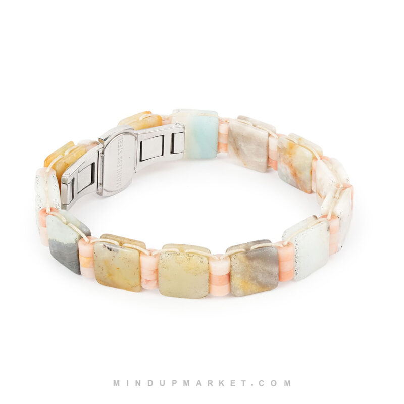 دستبند کلسیت صورتی و آمازونیت با قفل استیل رولکسی