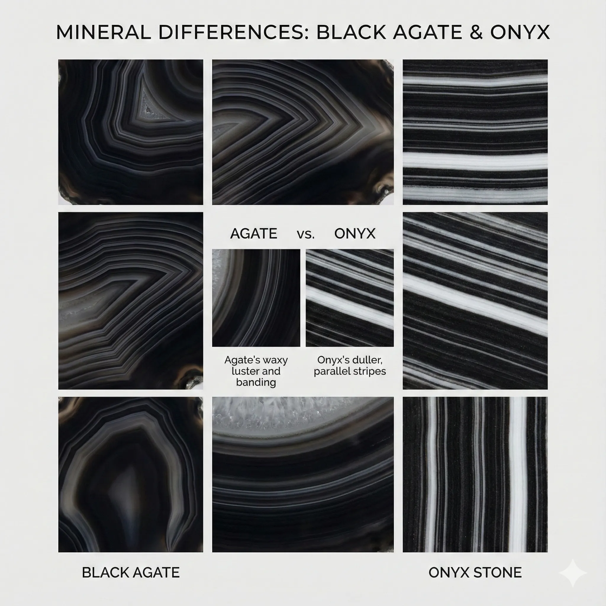 تشخیص عقیق سیاه اصل | 9 روش کاربردی برای جلوگیری از خرید سنگ تقلبی 4 تفاوت سنگ عقیق سیاه با سنگ اونیکس از لحاظ بافت و ساختار