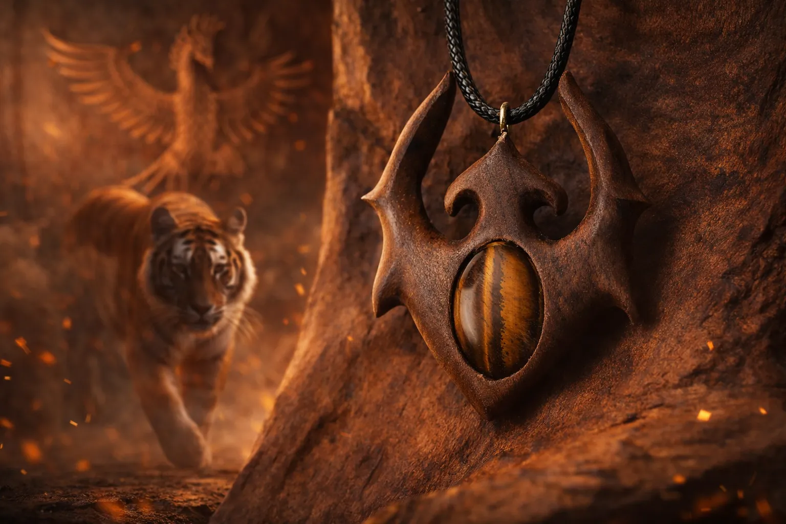 گردنبند چوبی نمادین با سنگ طبیعی چشم ببر