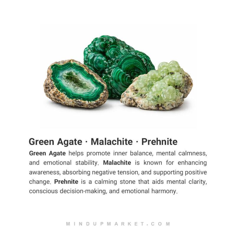 سنگ های استفاده شده در دستبند سنگی عقیق سبز و پرهینیت مدل آمازون دست‌ساز