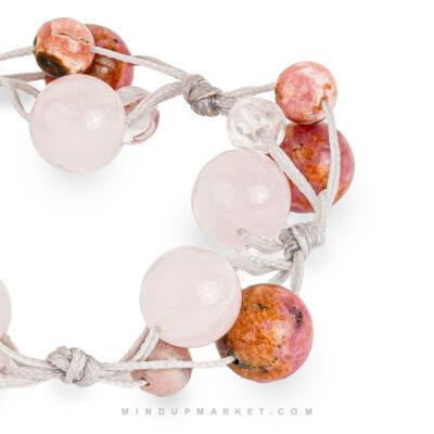 جزئیات ردونیت، رز کوارتز و کوارتز شفاف در دستبند سنگی