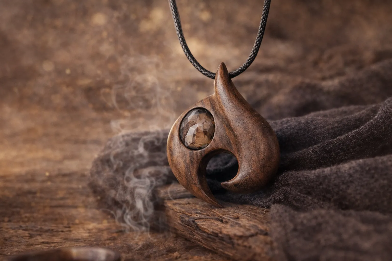 گردنبند چوبی کوارتز دودی مدل فرین دست‌ساز