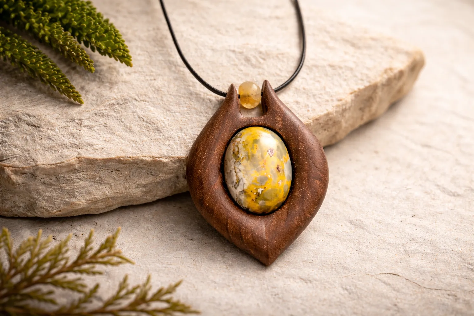 گردنبند ارس 1 گردنبند چوبی ارس ساختهشده از چوب گردو و سنگ جاسپر بامبل بی و سیترین