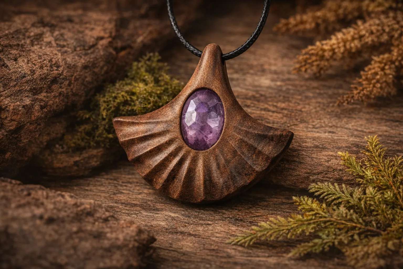 گردنبند چوبی آمیتیست جواهری با طراحی معناگرا و حس آرامش درونی